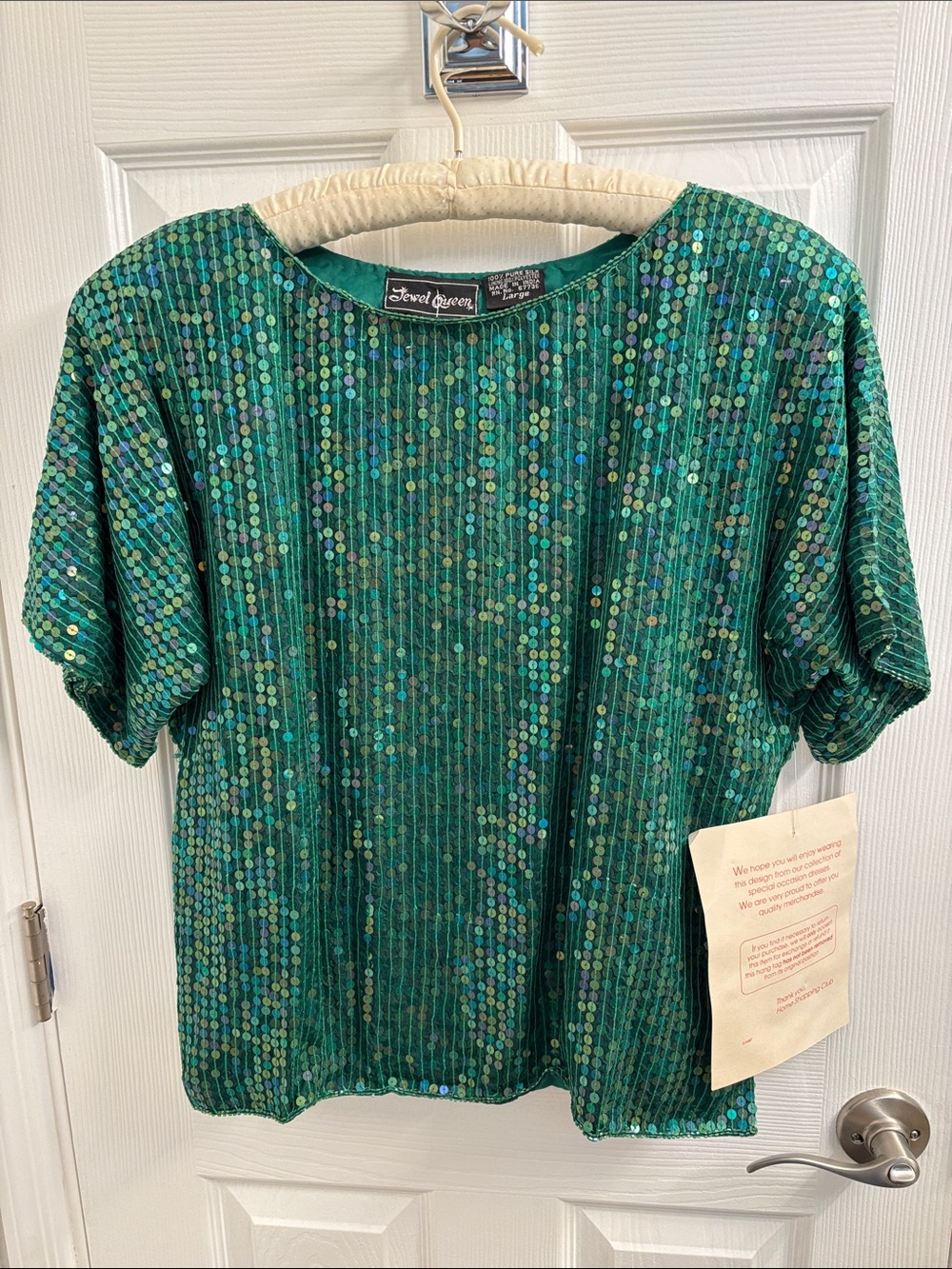 Women's NWT Vintage JEWEL QUEEN 100% Silk Green Sequin Short Sleeve Top